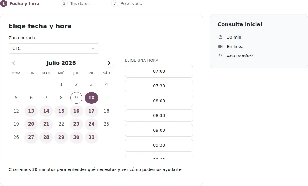 Pagina de reservas con el calendario y las horas libres