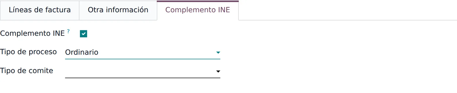 Selector Tipo de proceso (Ordinario) y Tipo de comité