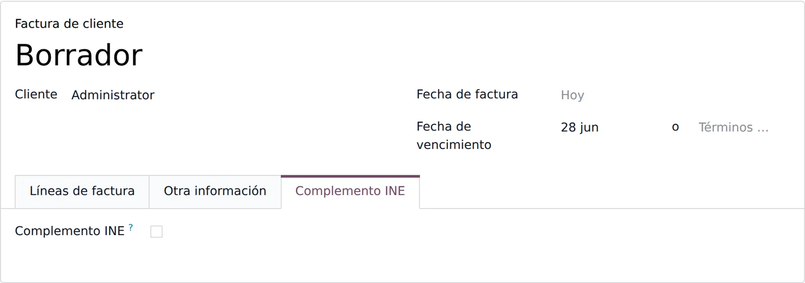 Pestaña Complemento INE en la factura de cliente