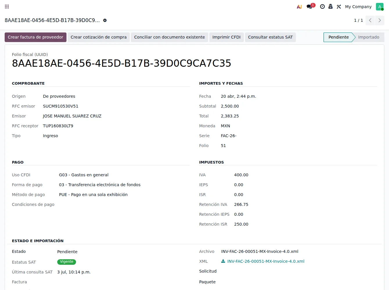 CFDI con datos, acciones y estatus SAT