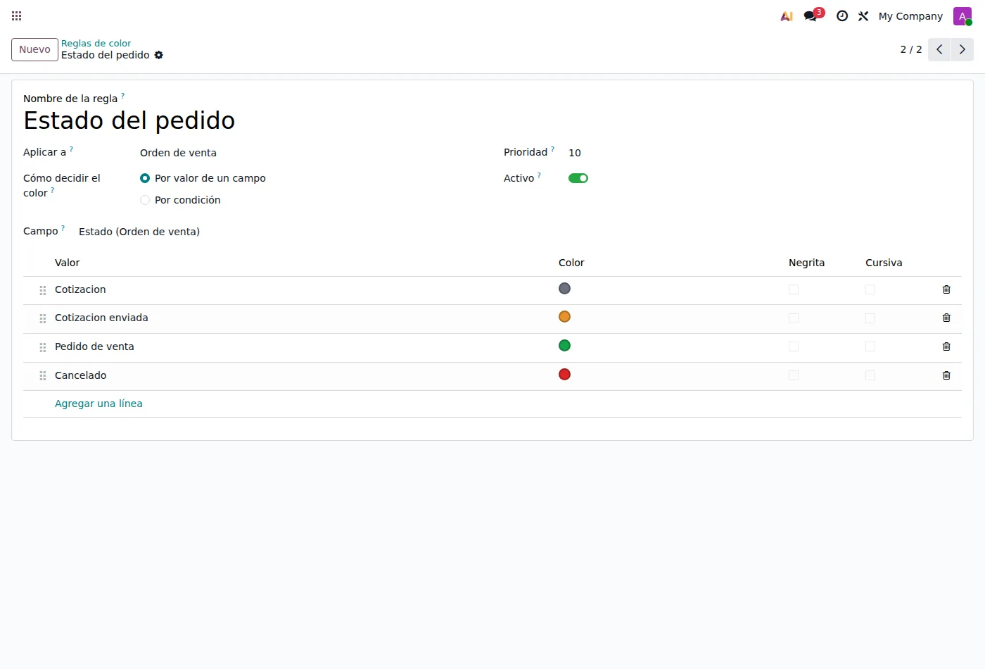 Configuracion de una regla con color por valor