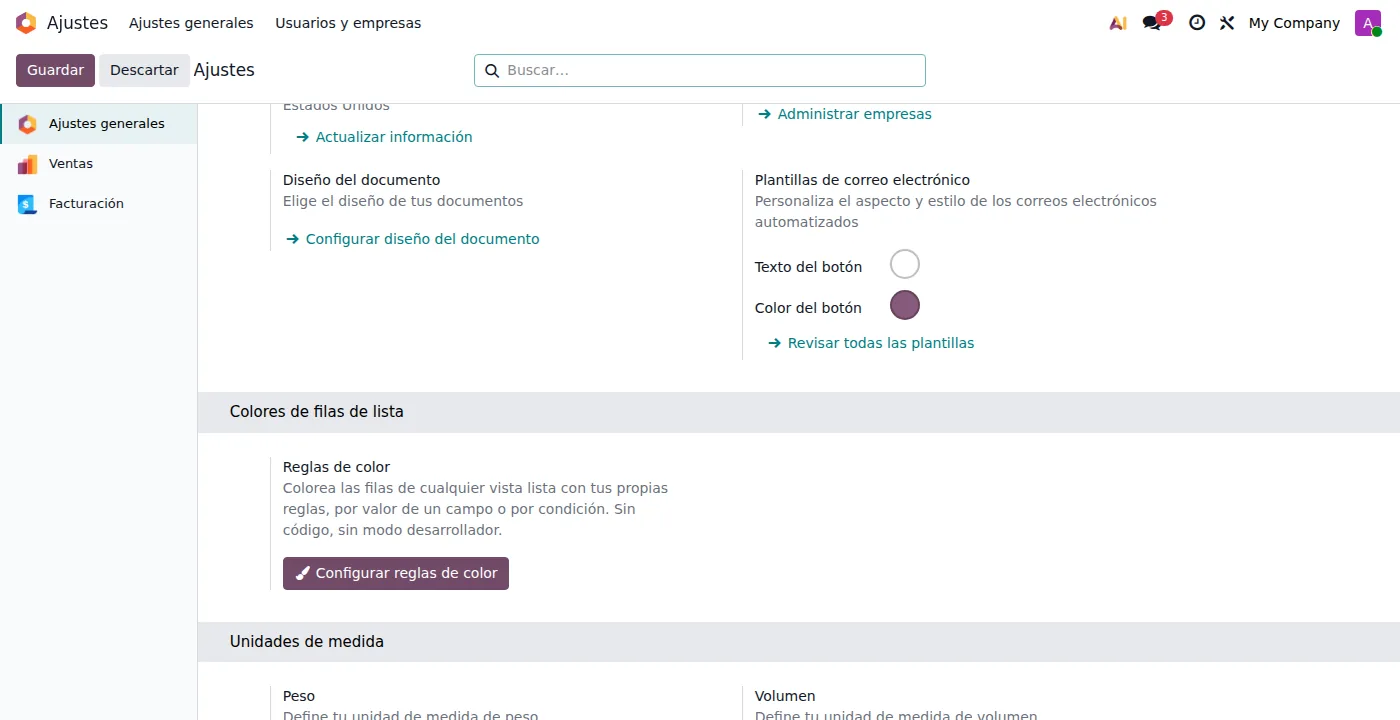 Seccion de configuracion en Ajustes generales de Odoo