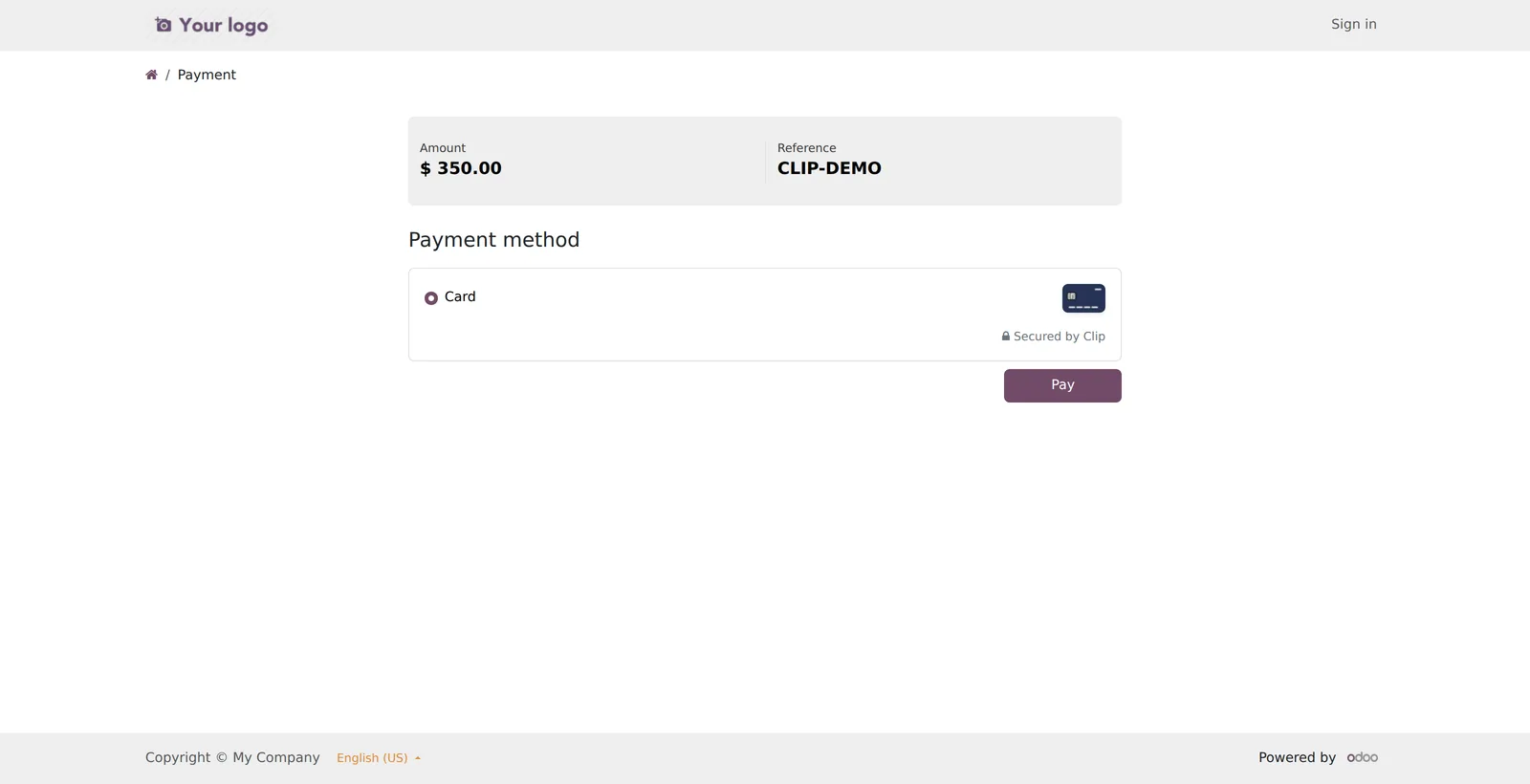 Página de pago de Odoo: método Clip (tarjeta) seleccionable, asegurado por Clip