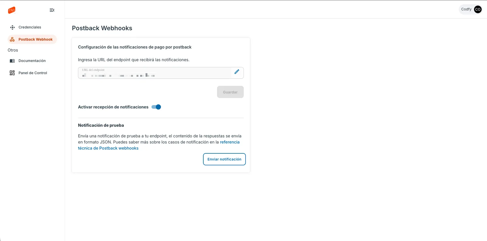 Panel de Clip: Postback Webhook con la URL del endpoint, Guardar y Enviar notificación