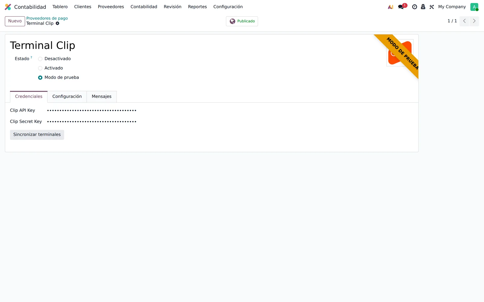 Odoo: proveedor de pago Terminal Clip con la API Key, la Secret Key y el botón Sincronizar terminales