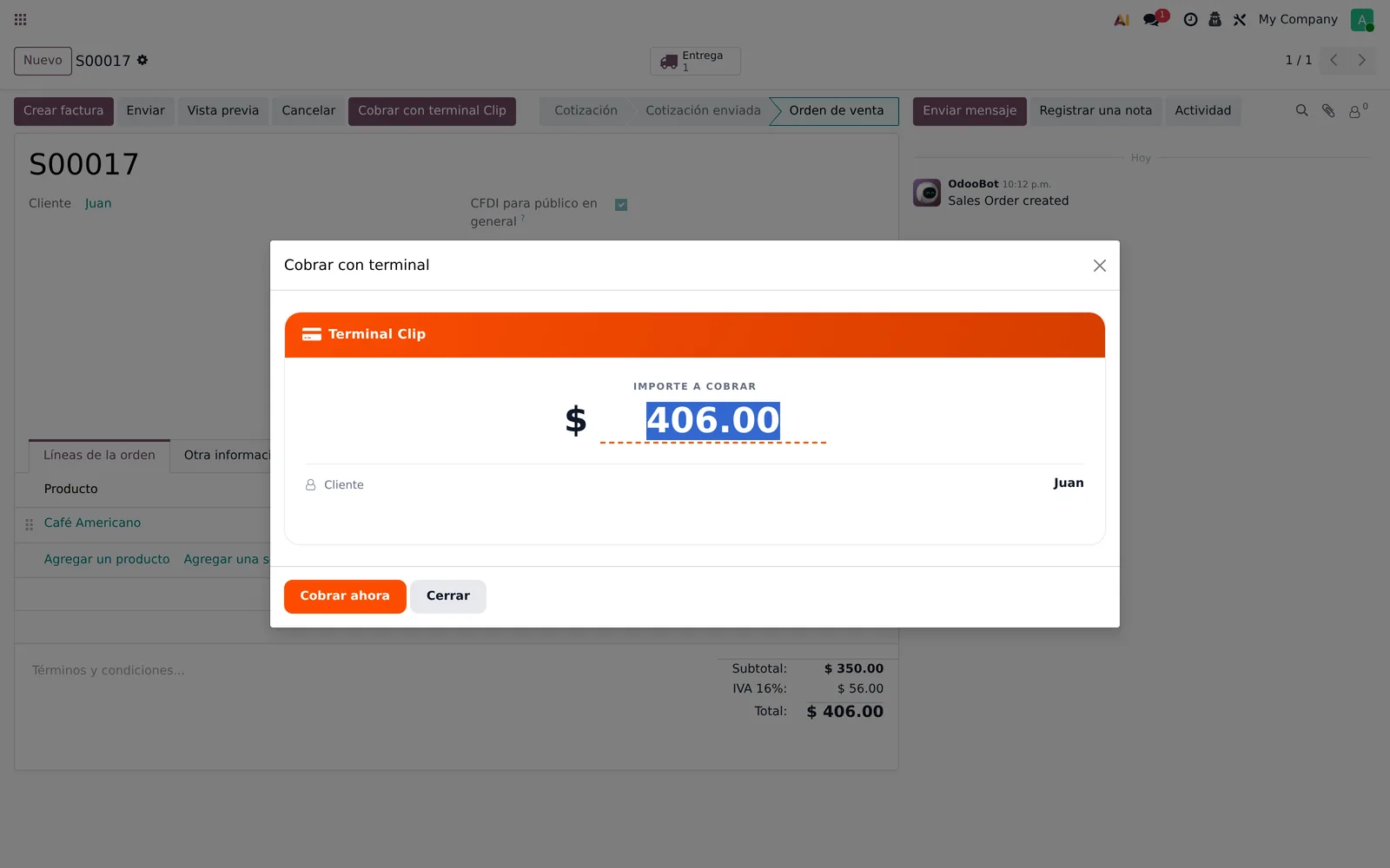Odoo: ventana Cobrar con terminal Clip mostrando el importe y el botón Cobrar ahora