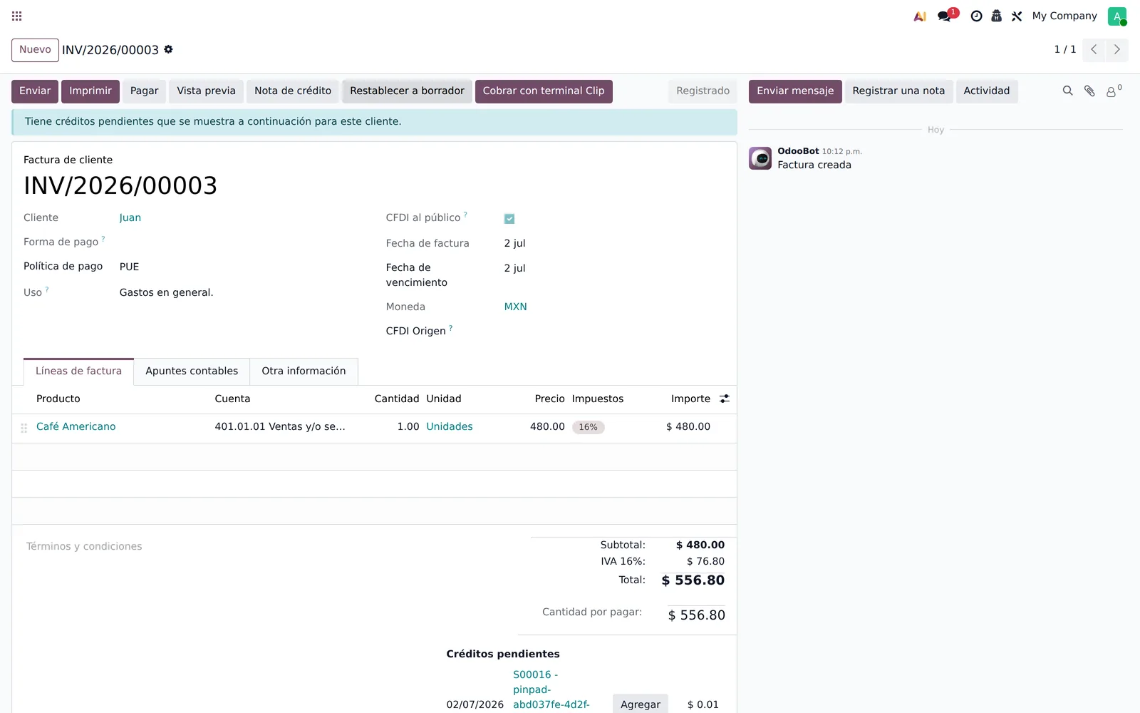 Factura de cliente en Odoo con el botón Cobrar con terminal Clip