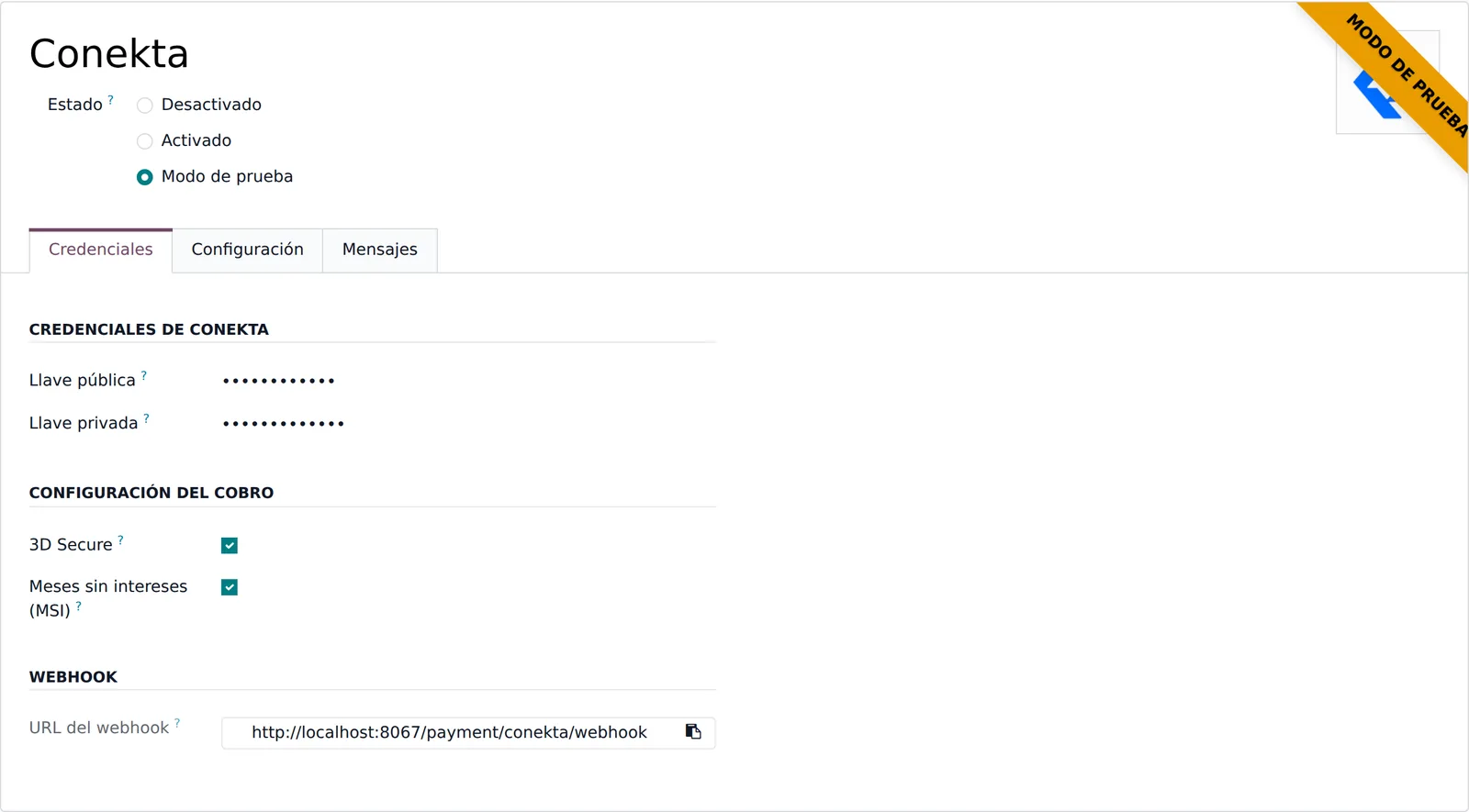 Odoo: formulario del proveedor de pago Conekta con llaves, 3D Secure, meses sin intereses y URL del webhook