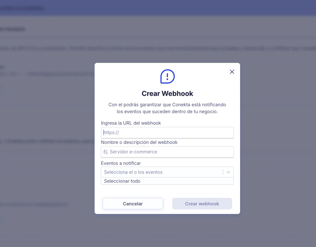 Panel de Conekta: alta de un webhook con la URL del módulo y los eventos de notificación activados