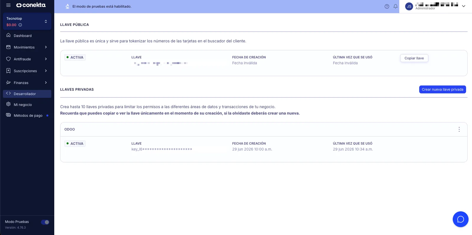 Panel de Conekta: sección Desarrolladores → API Keys con la llave pública y la llave privada