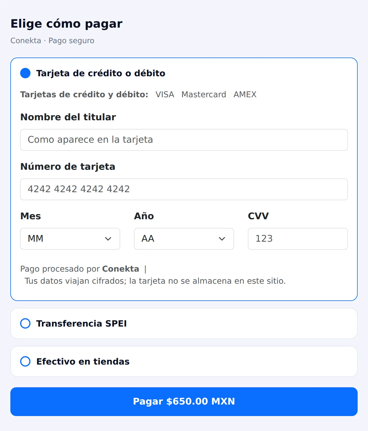 Checkout de Odoo: métodos de pago Conekta con tarjeta, transferencia SPEI y efectivo en tiendas seleccionables