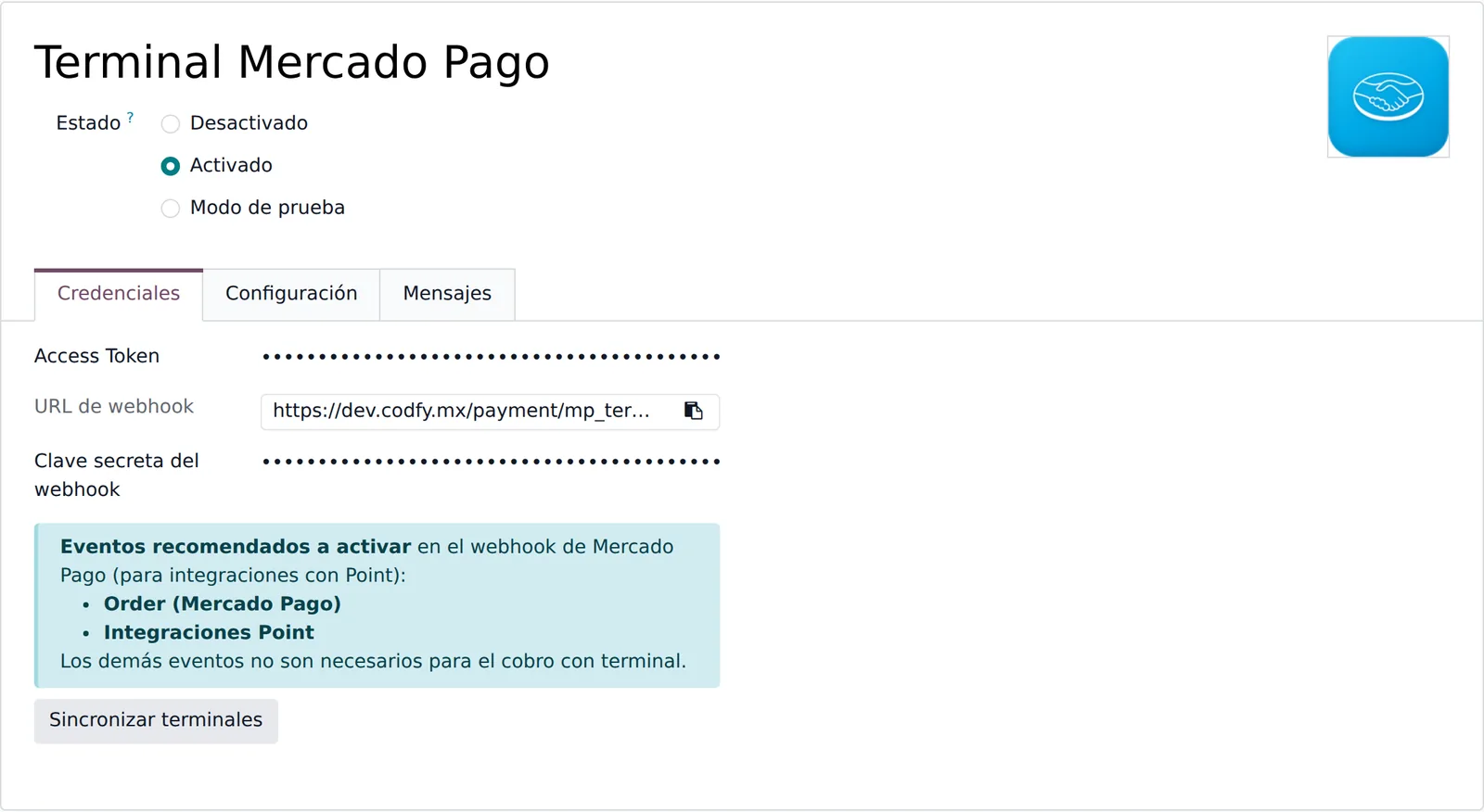 Configuración del proveedor Terminal Mercado Pago