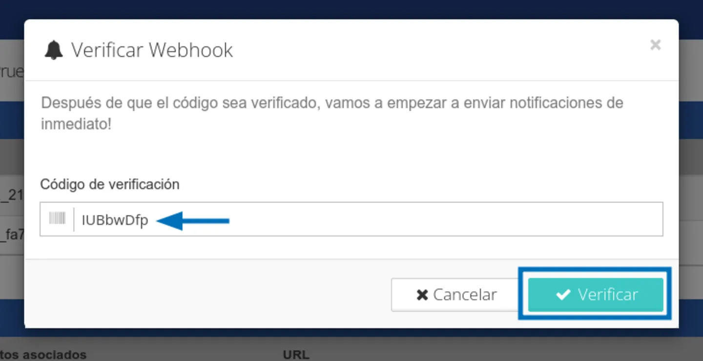 Panel de Openpay: verificación del webhook con código