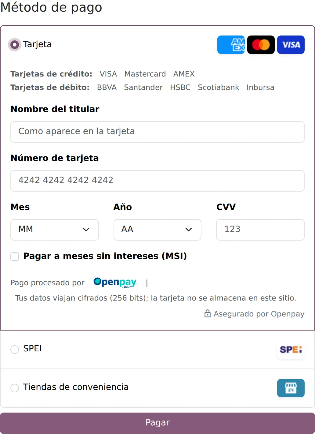 Formulario de pago de Odoo con la tarjeta seleccionada: nombre del titular, número, vencimiento, CVV, la casilla de meses sin intereses y el logotipo de Openpay by BBVA al pie