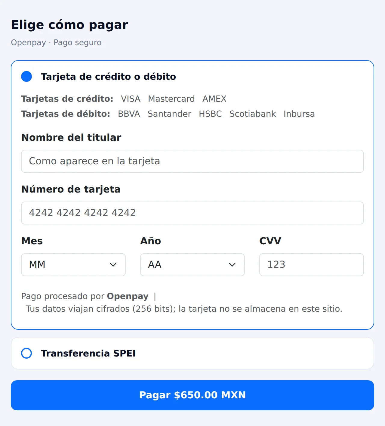 Checkout de Odoo: métodos de pago Openpay con tarjeta y transferencia SPEI seleccionables