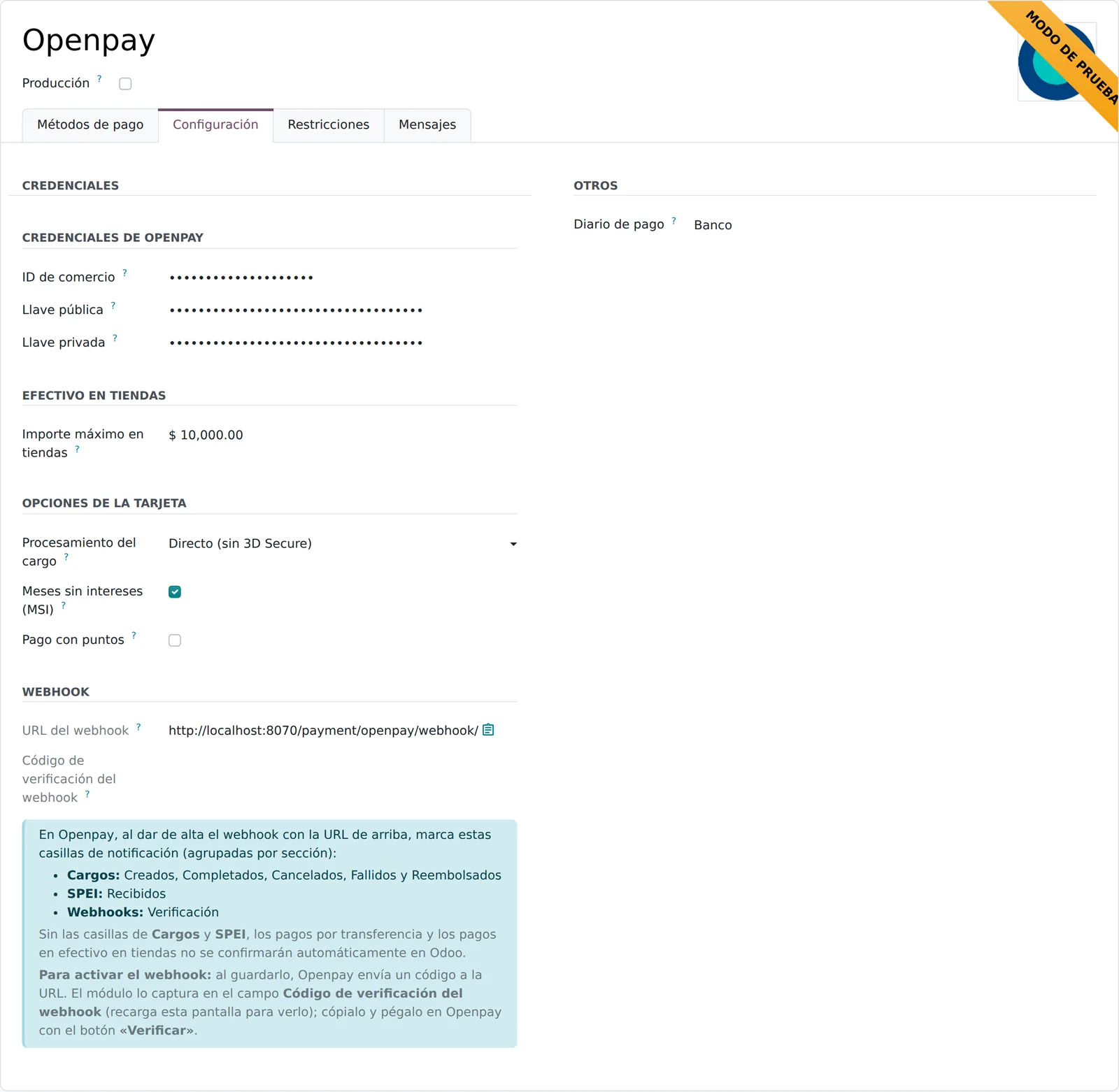 Pestaña Configuración del proveedor Openpay en Odoo: credenciales, importe máximo en tiendas, opciones de la tarjeta y URL del webhook