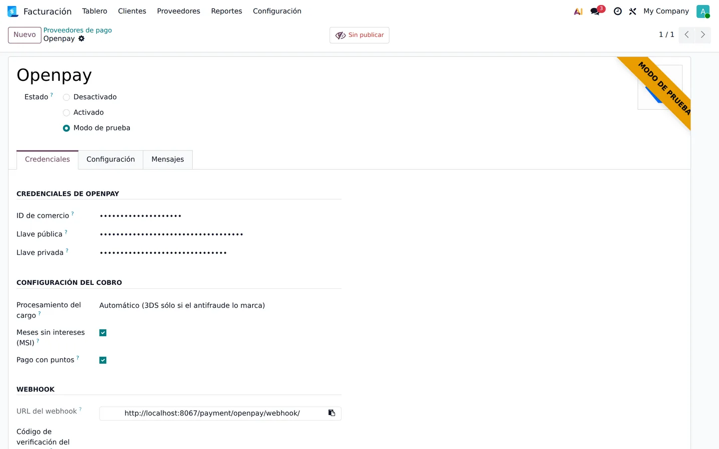 Odoo: formulario del proveedor de pago Openpay con credenciales y opciones
