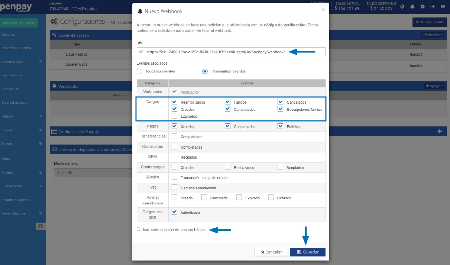 Panel de Openpay: alta de un nuevo webhook y selección de eventos