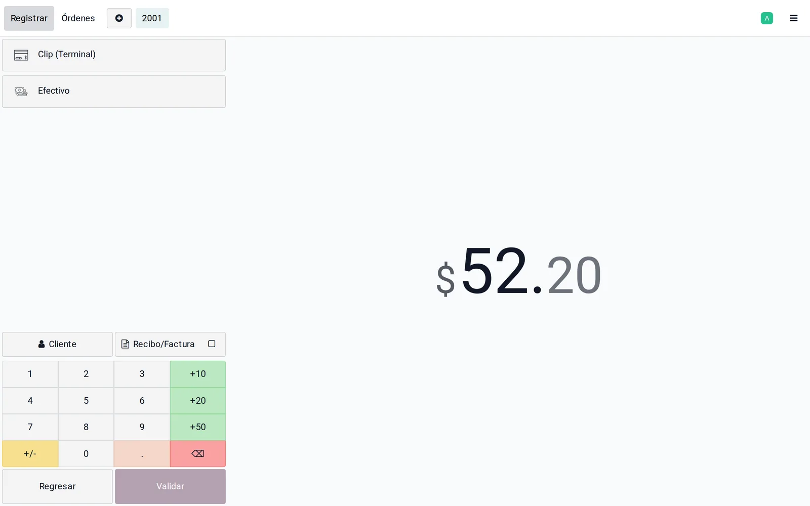 Punto de Venta de Odoo: pantalla de pago con Clip (Terminal) como método de pago seleccionable