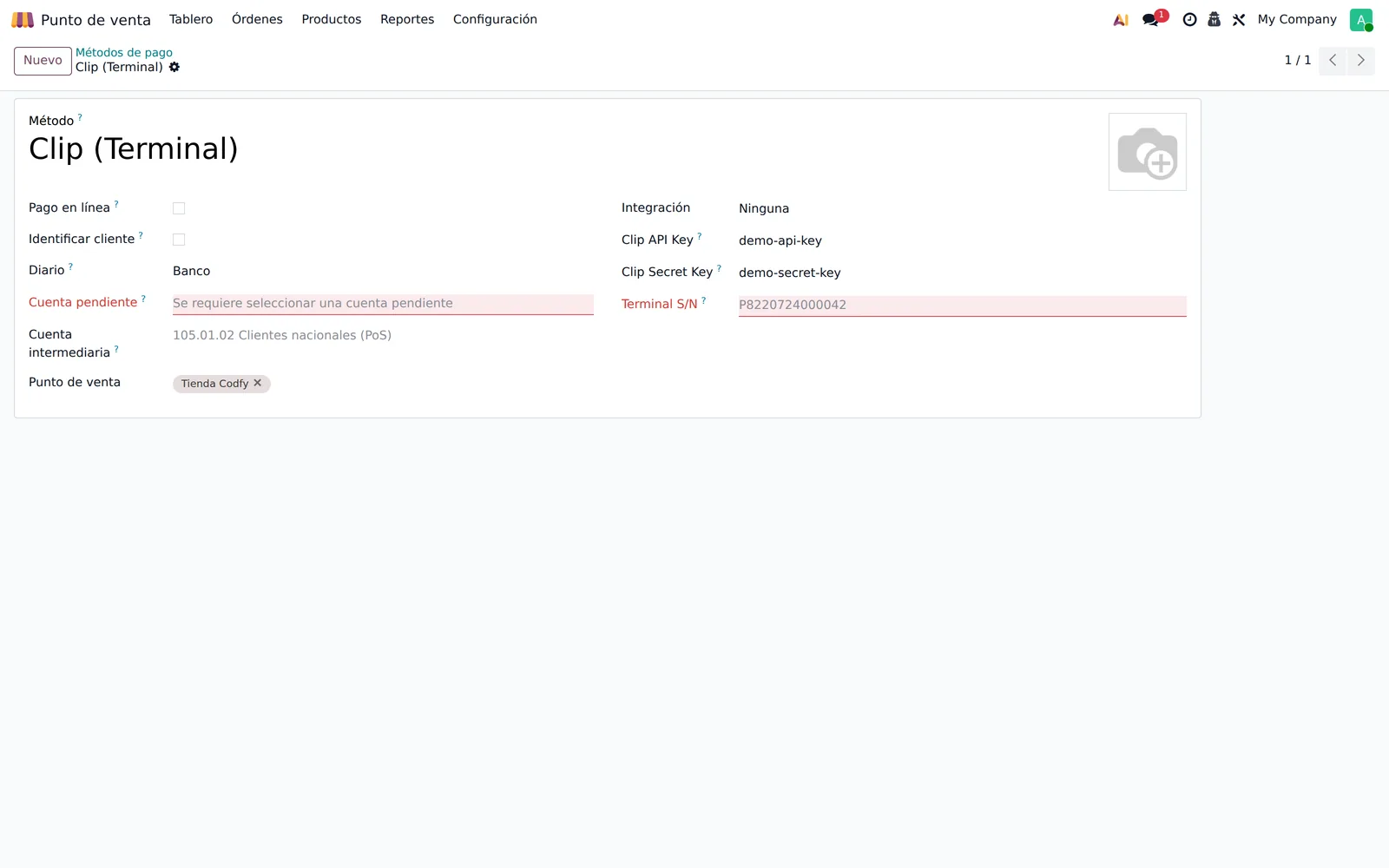 Odoo: método de pago del POS con Clip como terminal y los campos Clave API, Clave secreta y Número de serie