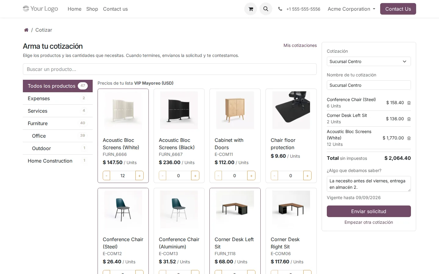 Catálogo del portal con categorías, tarjetas de producto y panel de cotización