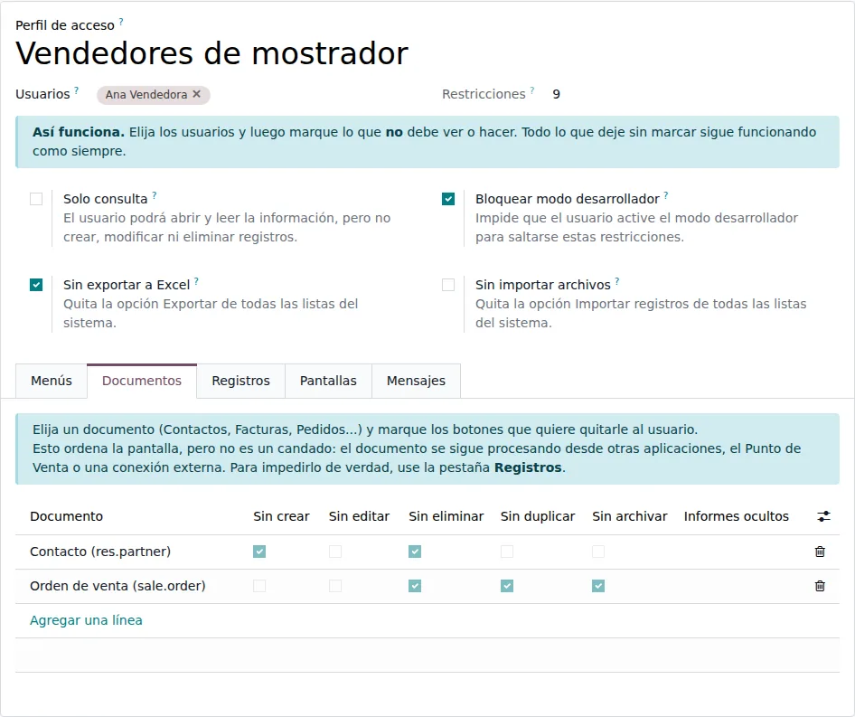 Pestaña Documentos con restricciones sobre Contacto y Orden de venta