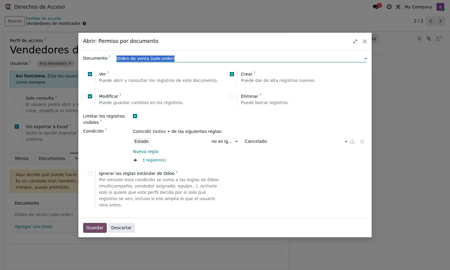 Permiso por documento con la condición de registros visibles