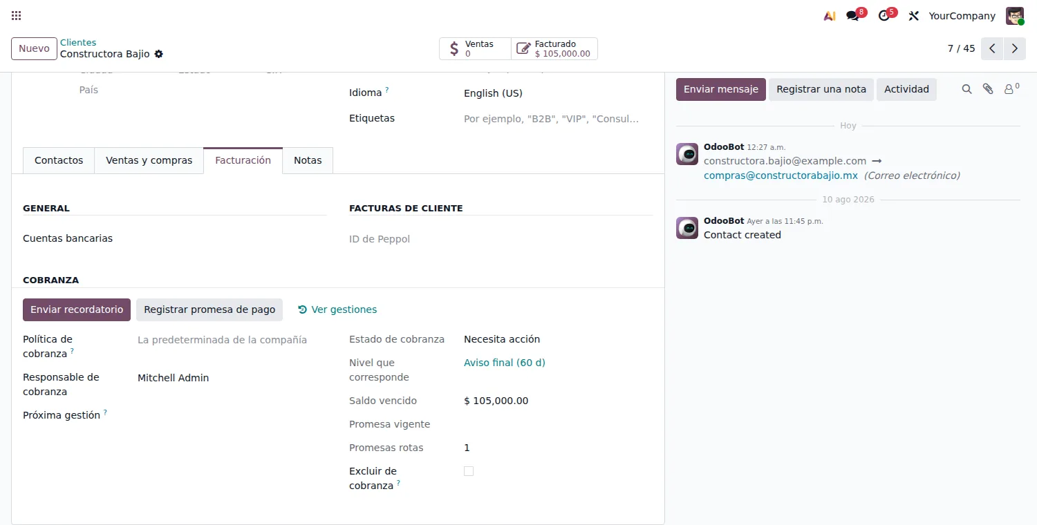 Sección de cobranza en la ficha del cliente con sus botones