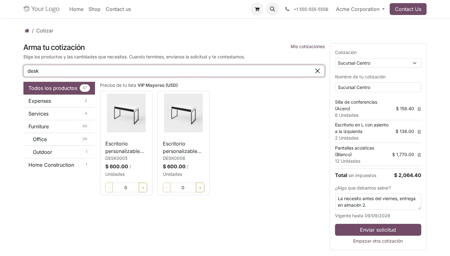 Página Cotizar del portal con el catálogo cargado