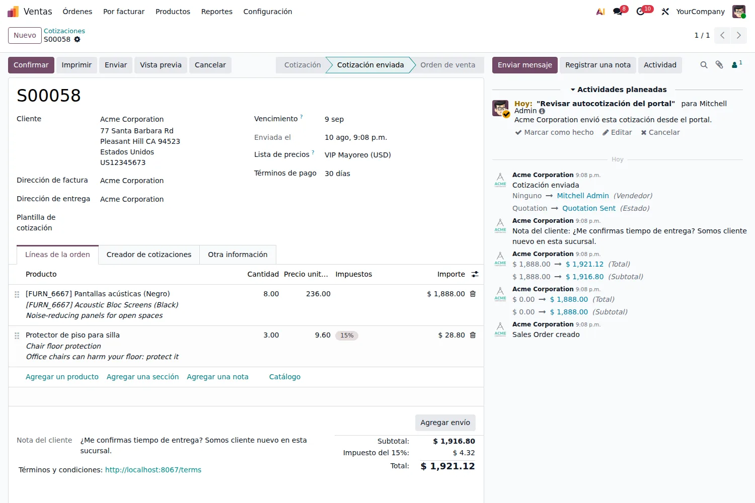 Presupuesto recibido en Odoo con la marca de autocotización y la nota del cliente