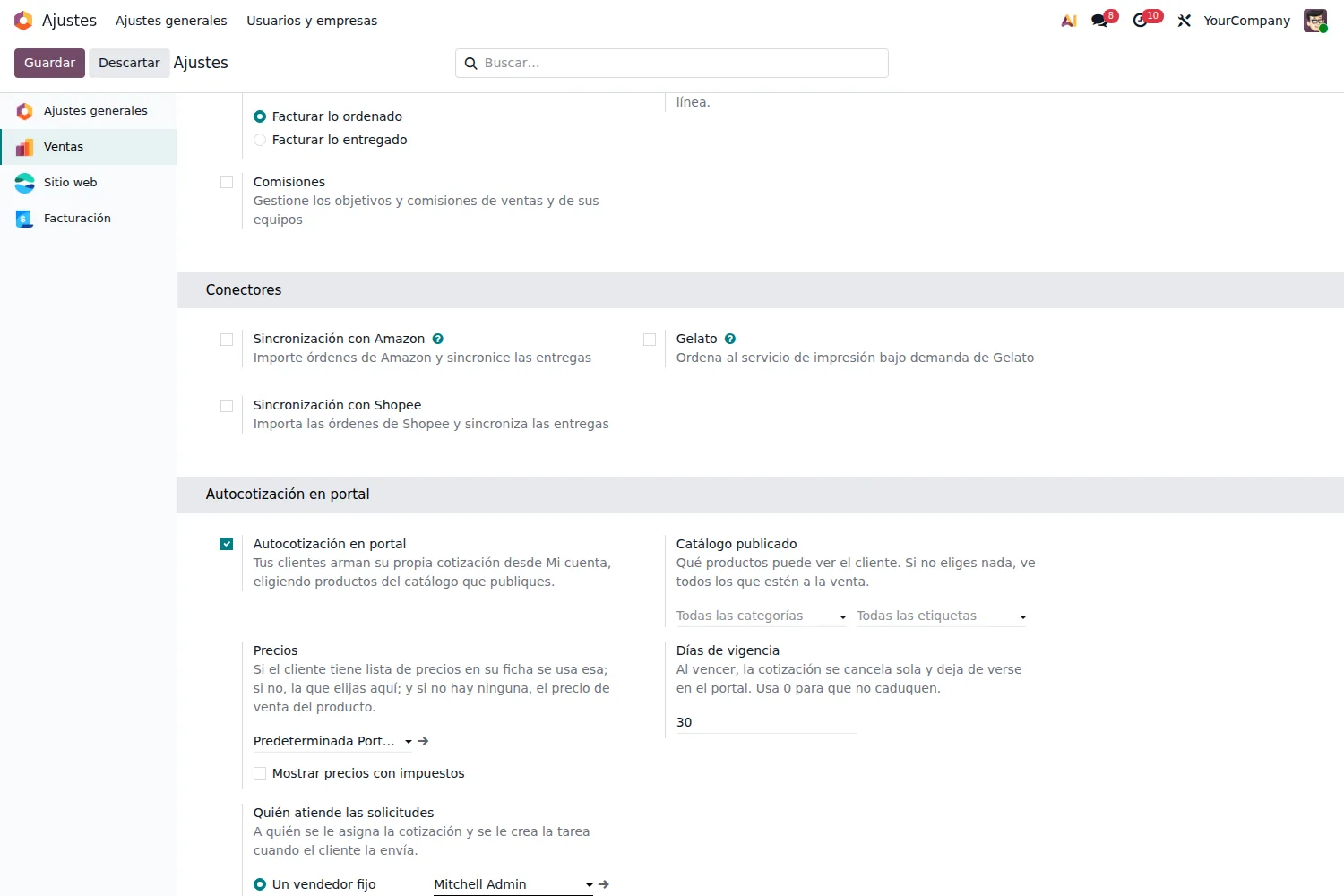 Bloque de ajustes Autocotización en portal dentro de Ventas