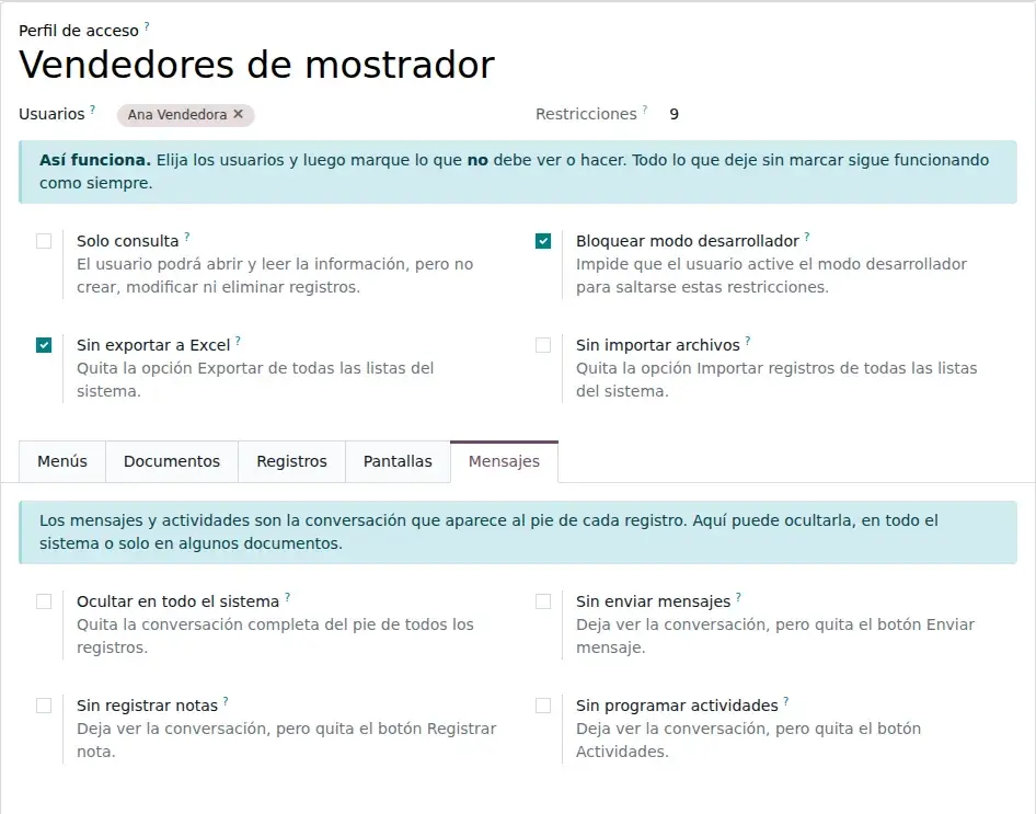 Pestaña Mensajes con las opciones de la conversación