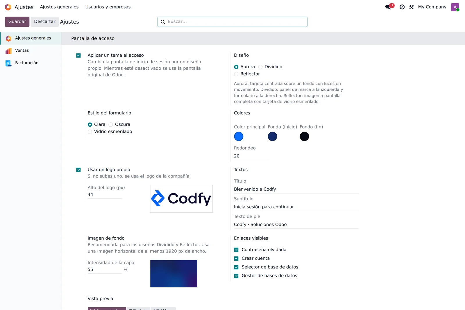 Bloque Pantalla de acceso en los ajustes generales de Odoo, con diseño, colores, textos y vista previa