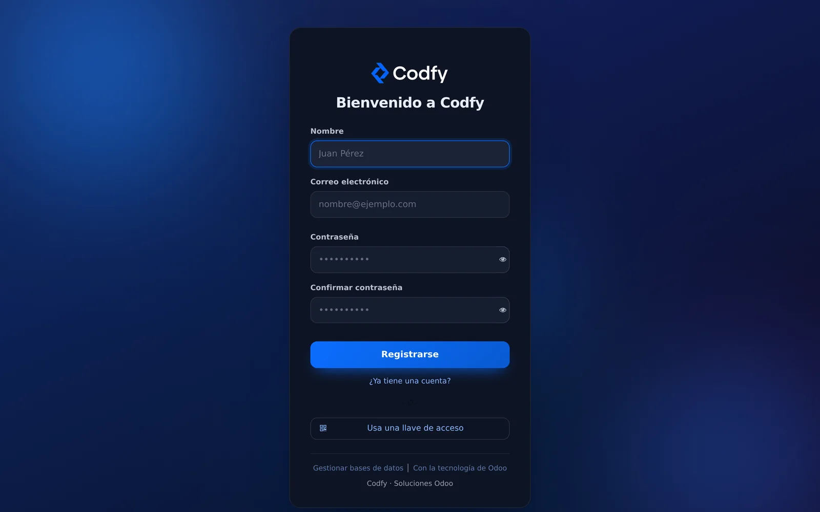 Pantalla de creación de cuenta con el mismo tema, en estilo de formulario oscuro