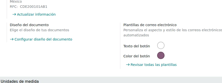 Botón Configurar diseño del documento en los ajustes generales de Odoo