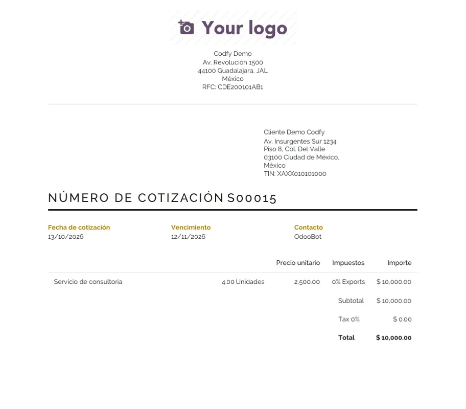 Cotización impresa con el diseño Elegante: logo centrado y tabla mínima