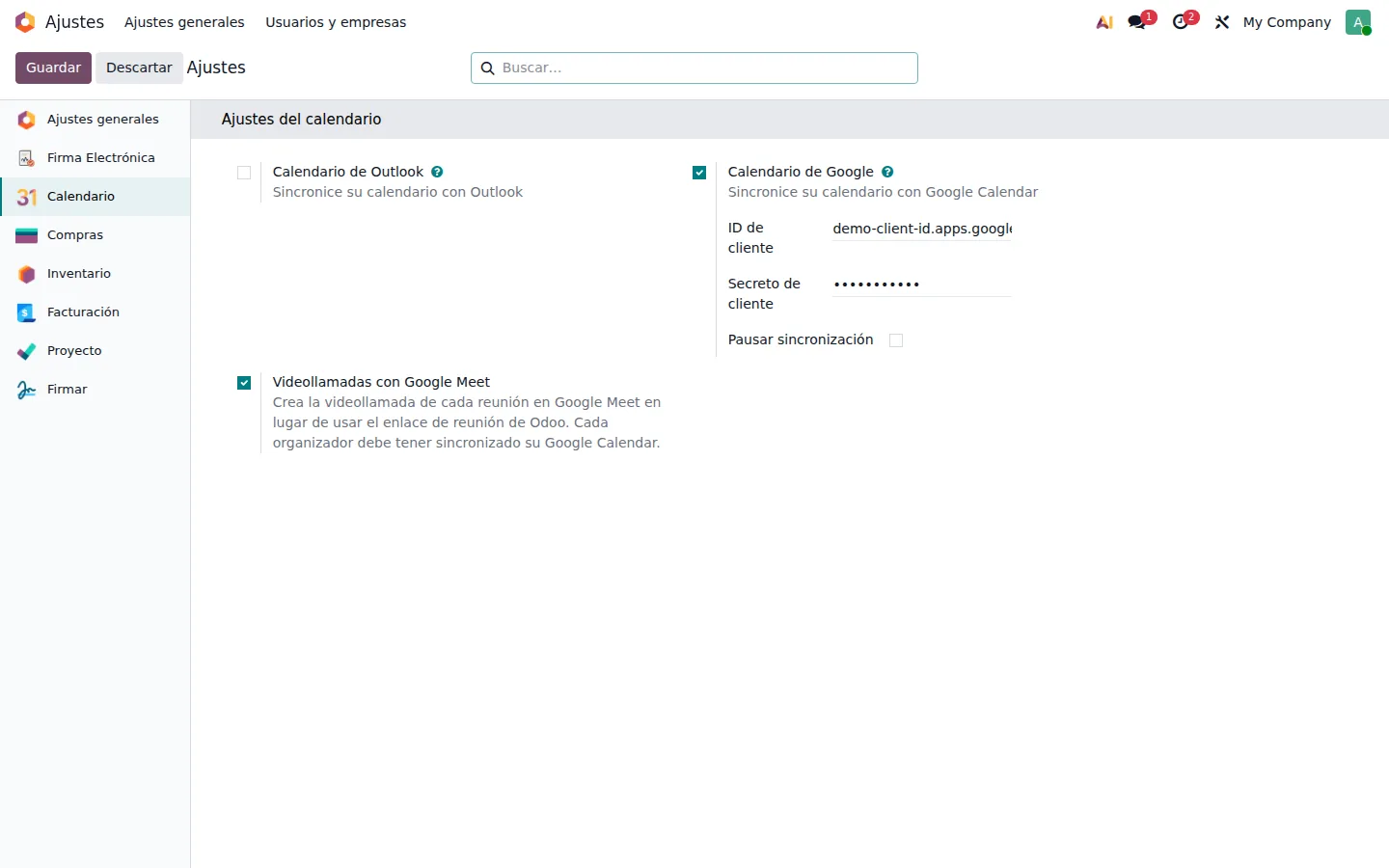 Ajustes del calendario con la casilla de videollamadas con Google Meet