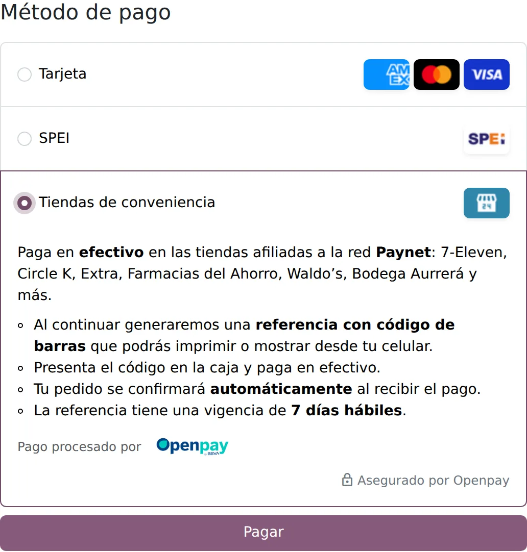 Formulario de pago de Odoo con el método de tiendas de conveniencia seleccionado, mostrando las tiendas de la red Paynet y la vigencia de 7 días hábiles de la referencia