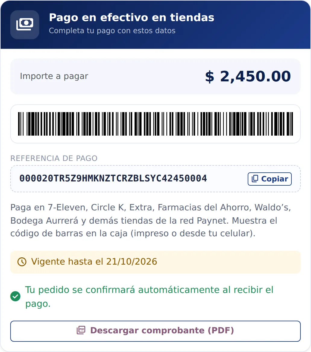 Comprobante de pago en efectivo en la página de estado: importe, código de barras, referencia Paynet, fecha de vigencia y botón para descargar el PDF