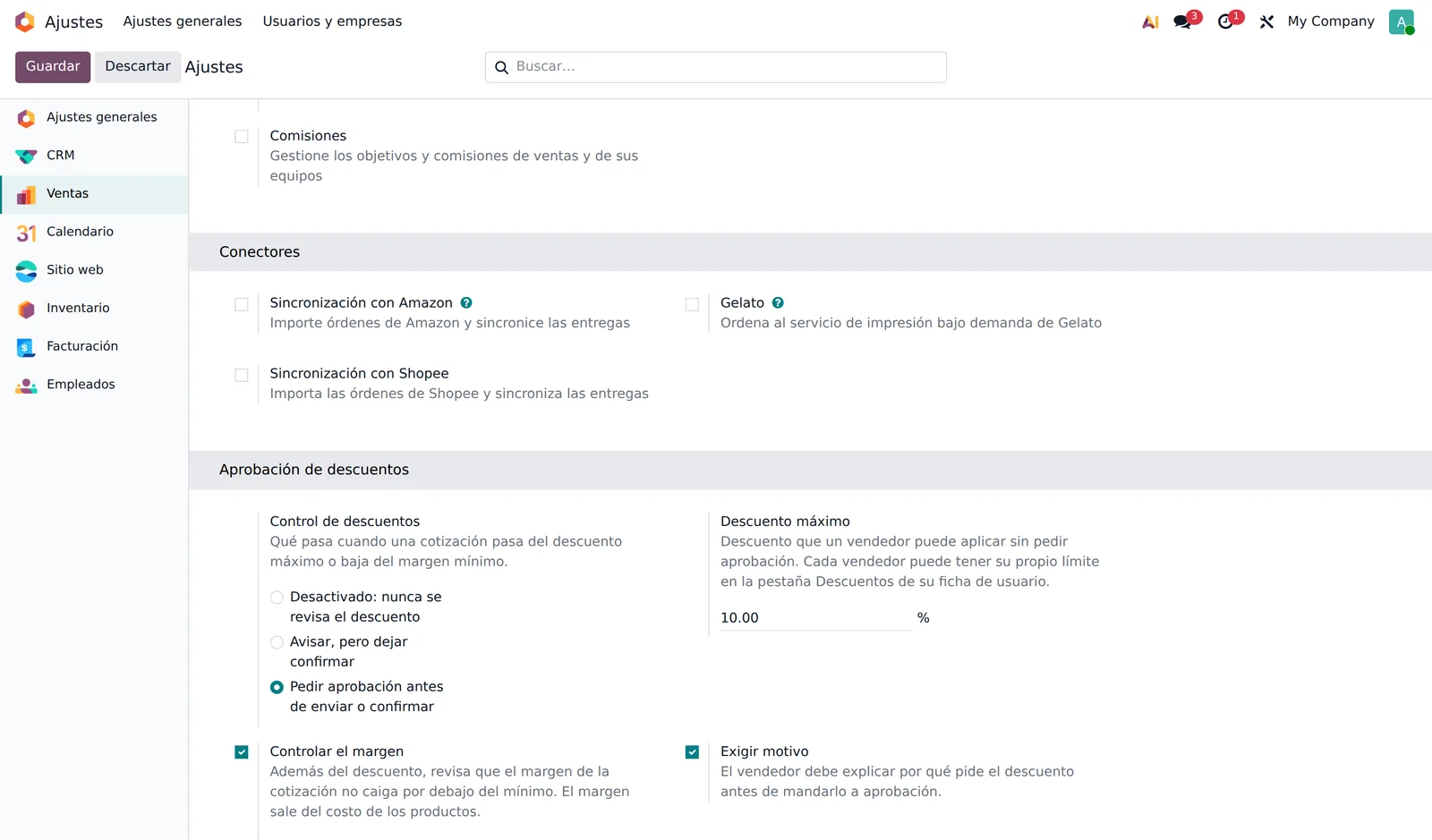 Bloque Aprobacion de descuentos en los ajustes de Ventas con el modo, el descuento maximo, el margen minimo y el motivo obligatorio