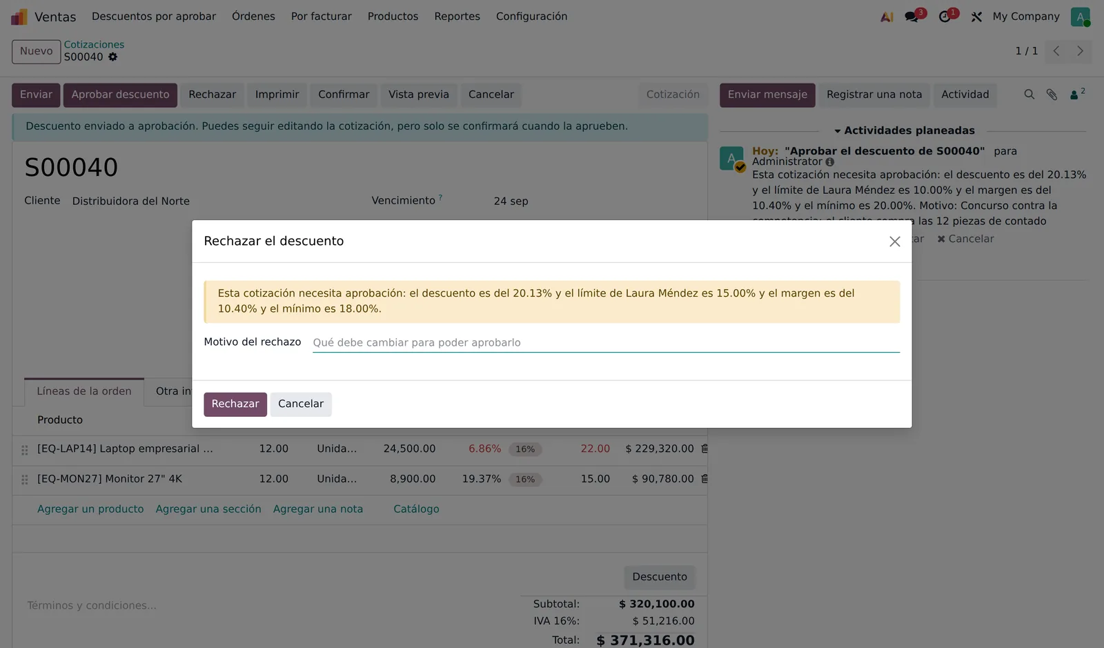 Ventana de rechazo del descuento pidiendo el motivo que debe cambiar para poder aprobarlo