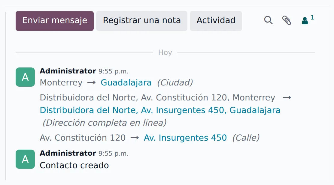 Chatter de un contacto mostrando el cambio de Ciudad y de Calle con el valor anterior y el nuevo