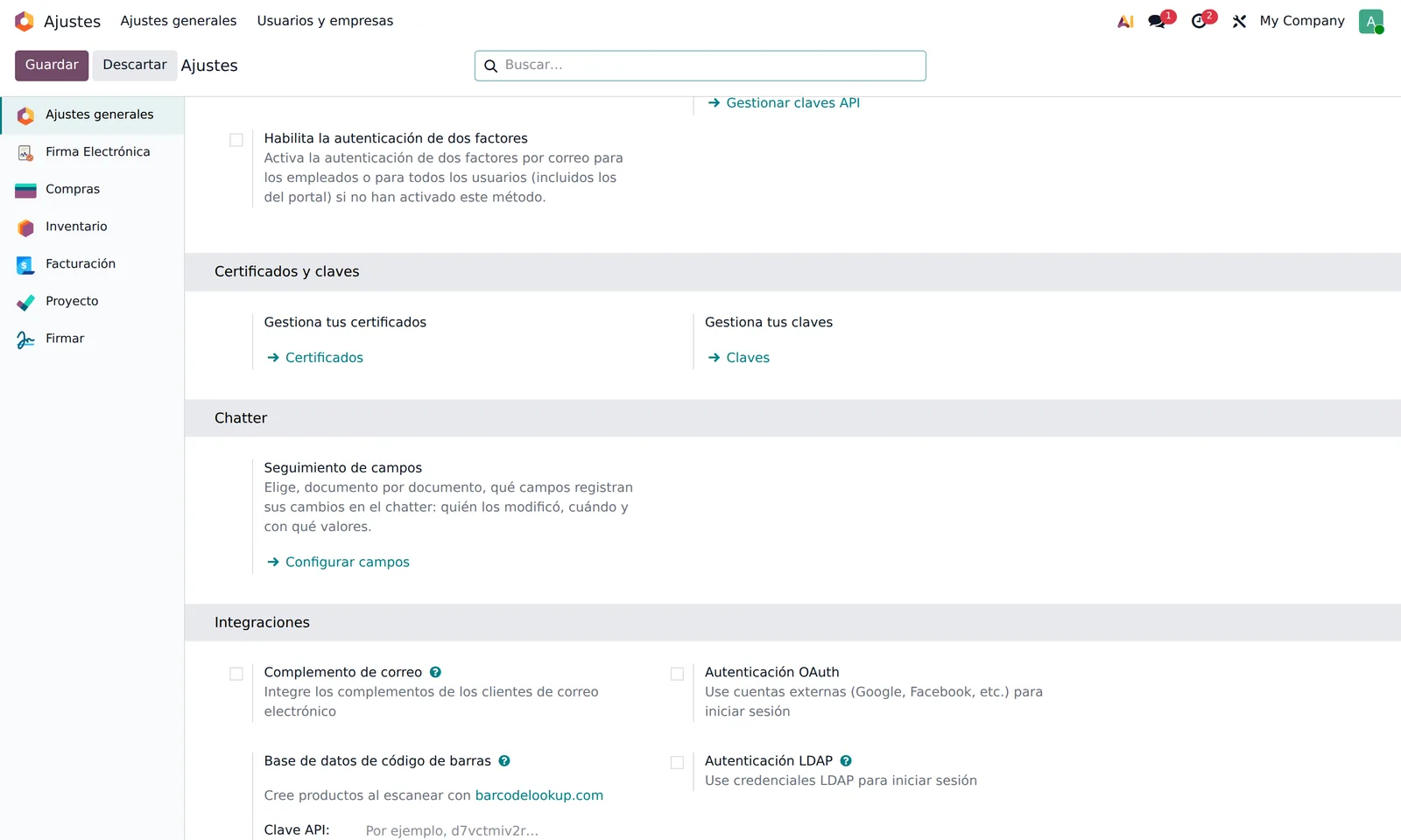 Sección Chatter en Ajustes generales con el enlace Configurar campos