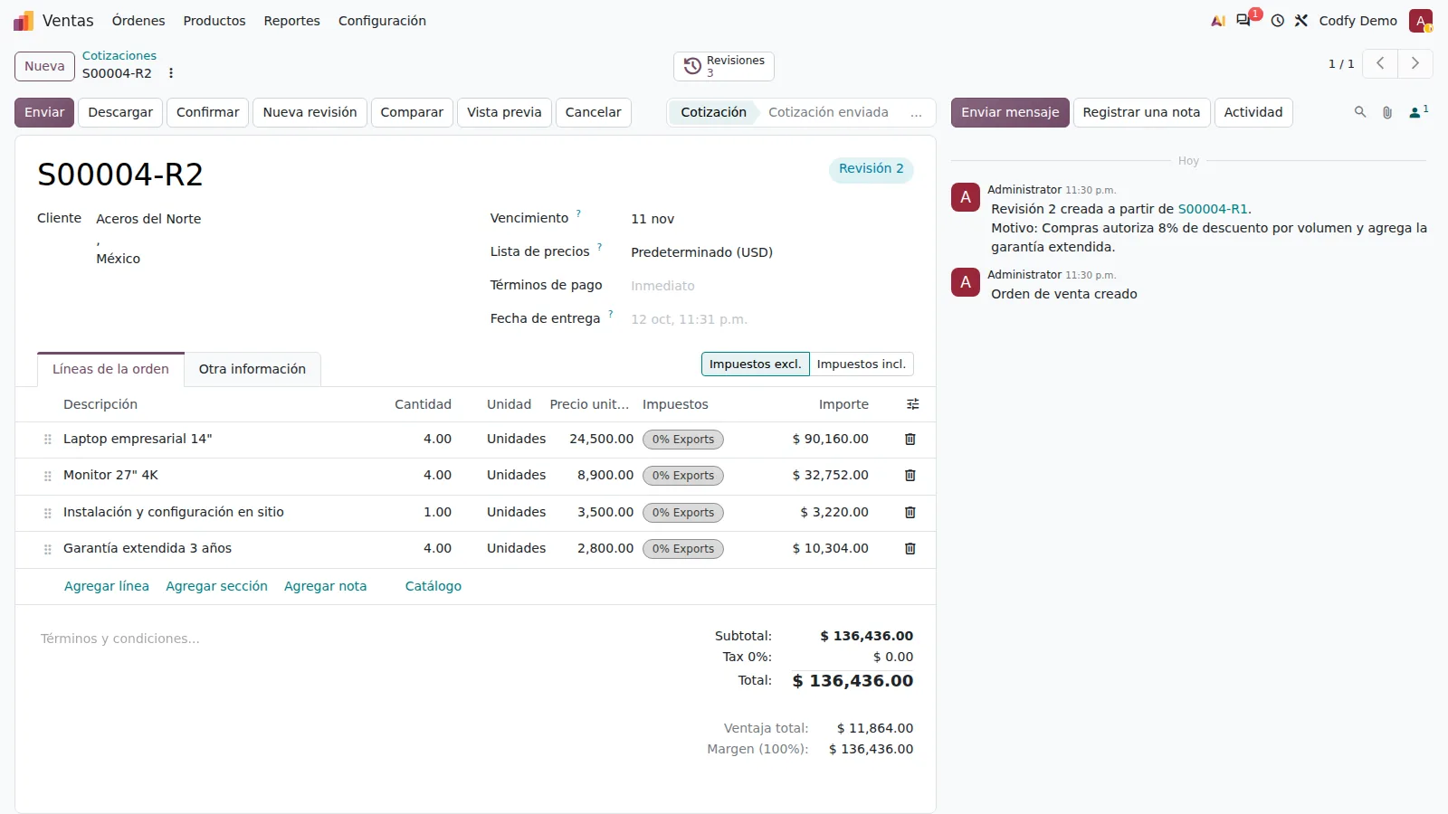 Cotizacion S00069-R2 con la etiqueta Revision 2, el boton Nueva revision y el contador de revisiones