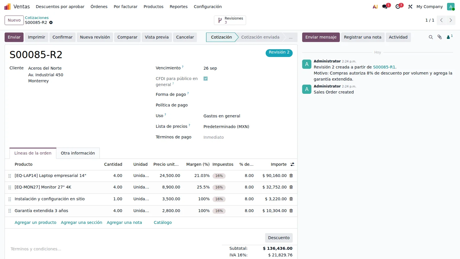 Cotizacion S00069-R2 con la etiqueta Revision 2, el boton Nueva revision y el contador de revisiones