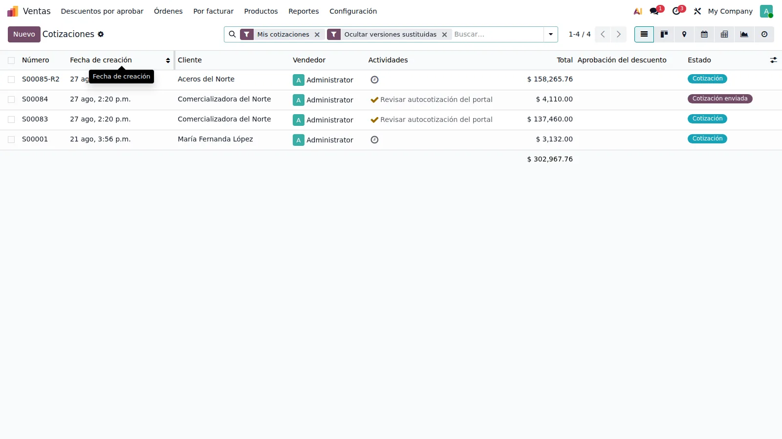 Lista de cotizaciones con el filtro Ocultar versiones sustituidas activo