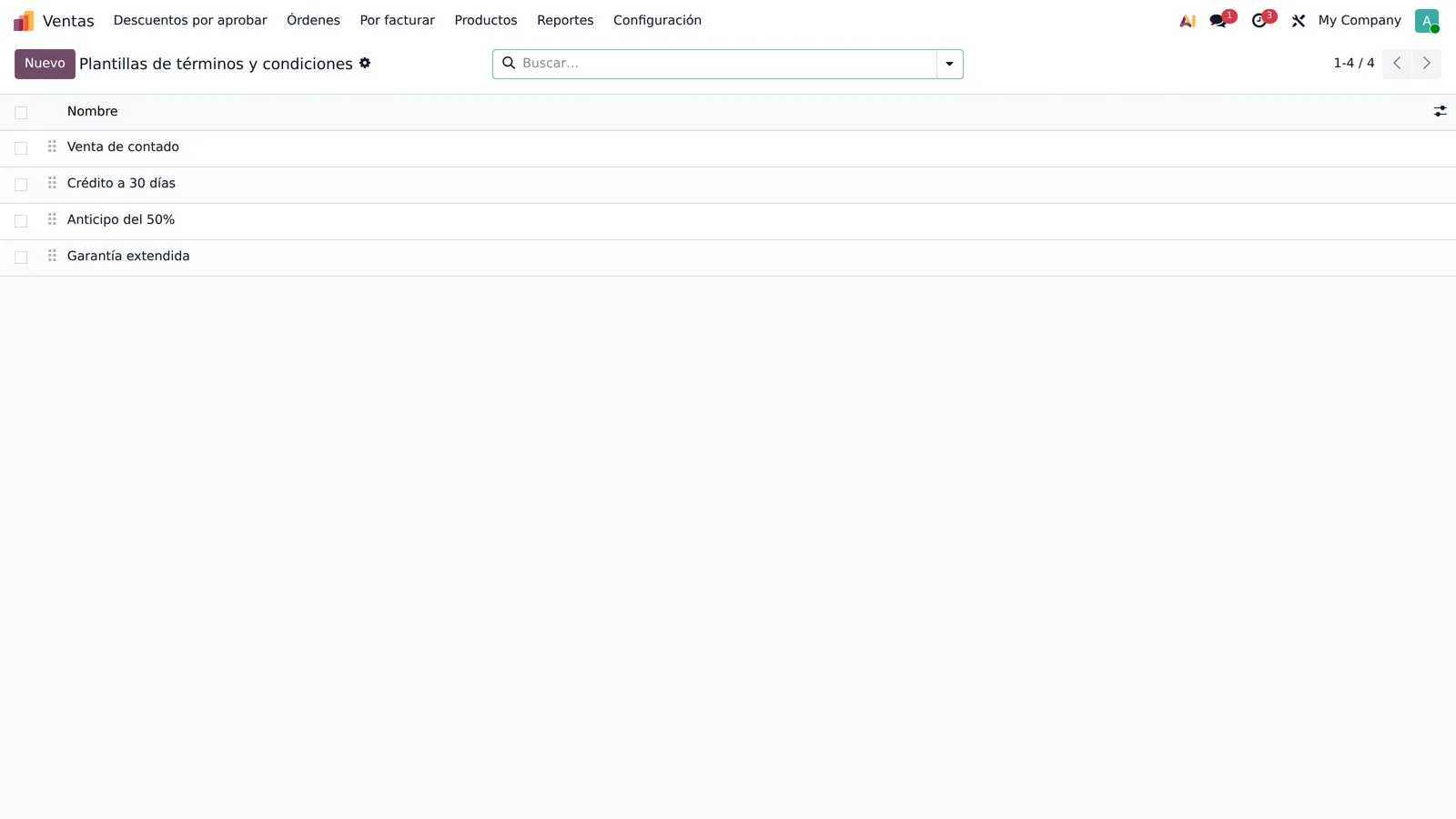 Lista de plantillas de términos y condiciones en Ventas / Configuración