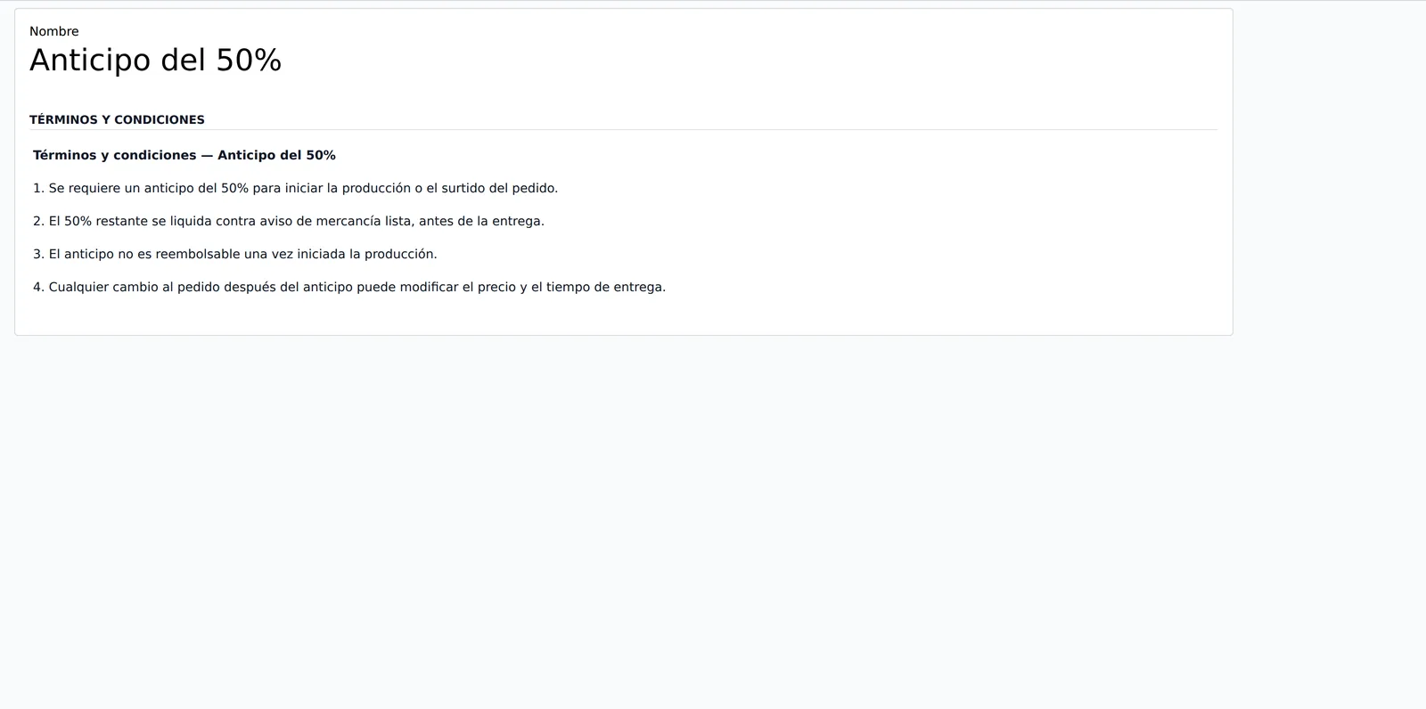 Formulario de una plantilla con su nombre y el texto de los términos