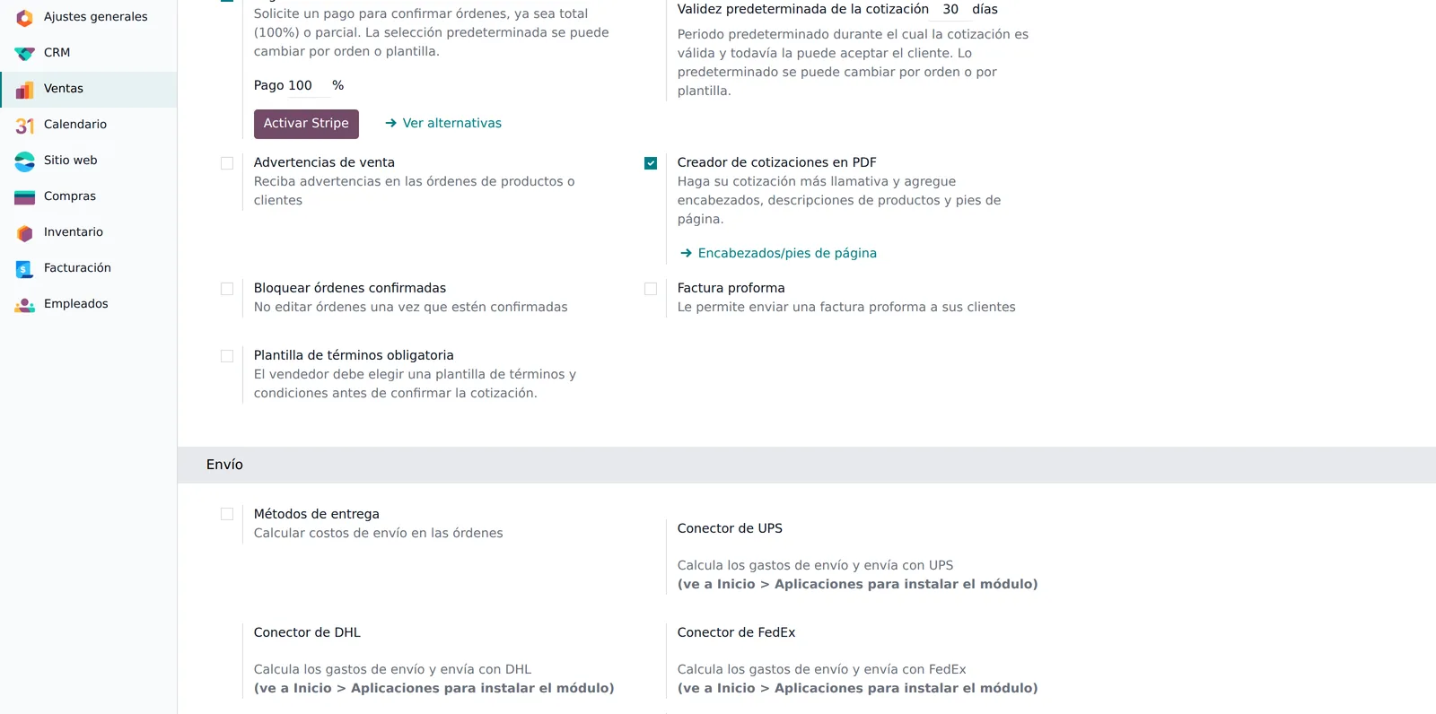 Ajuste Plantilla de términos obligatoria en la configuración de Ventas