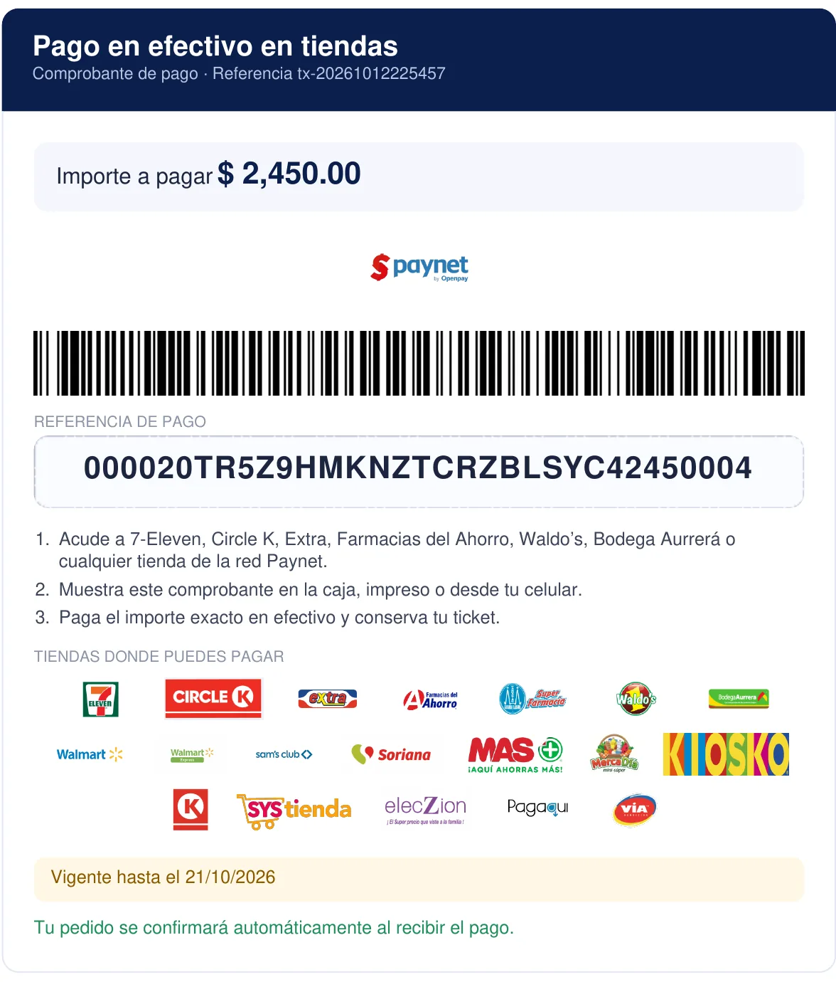 Comprobante PDF de pago en efectivo con el logotipo de Paynet, código de barras, referencia, pasos para pagar y logotipos de las tiendas afiliadas